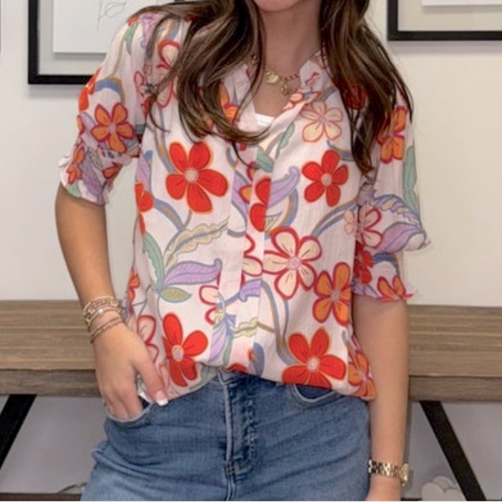 Orange Relaxed Blouse with Flower Design